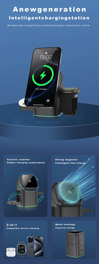3 in 1 Charging Station Rotating Wireless Charger Stand