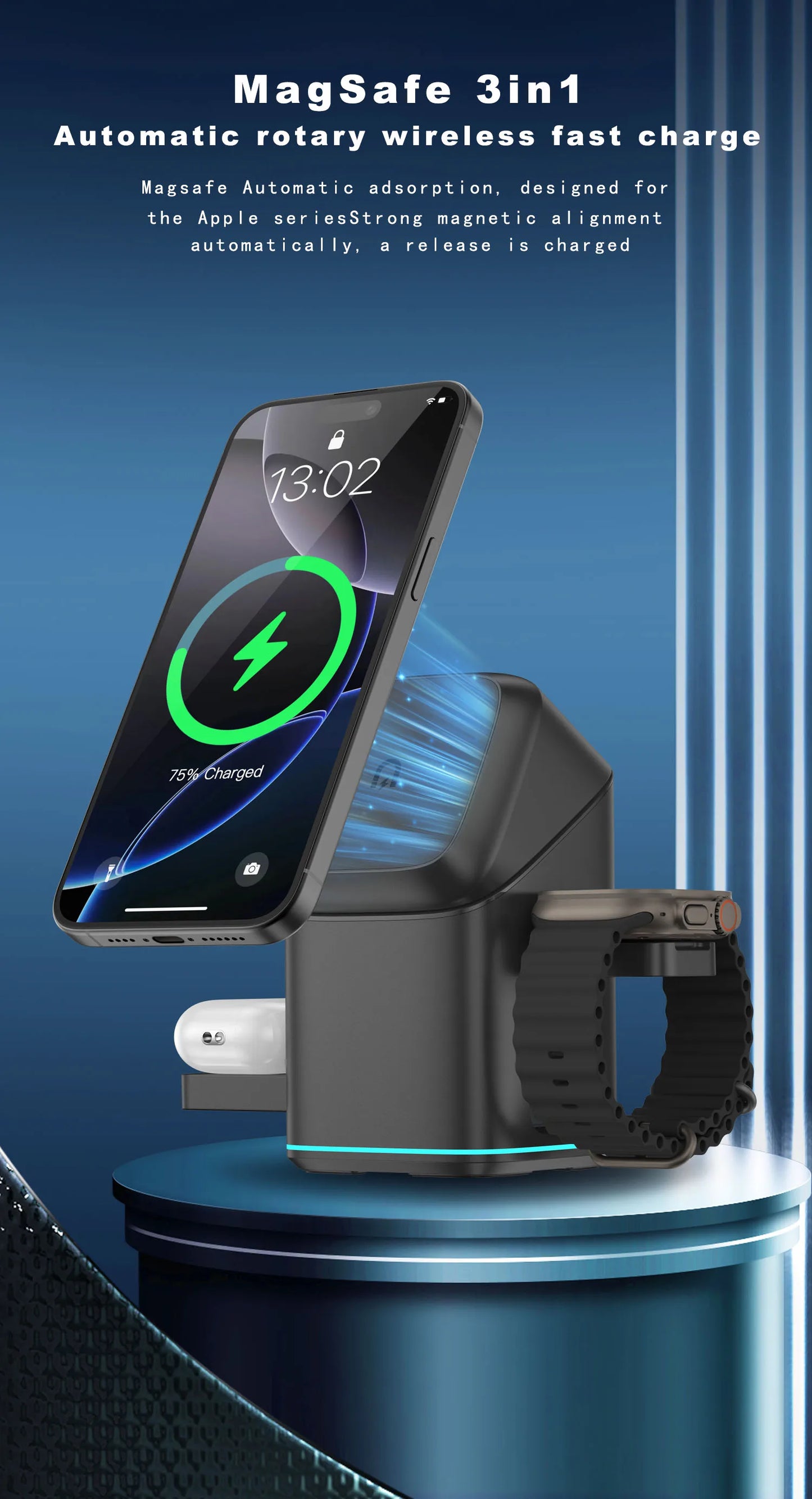 3 in 1 Charging Station Rotating Wireless Charger Stand