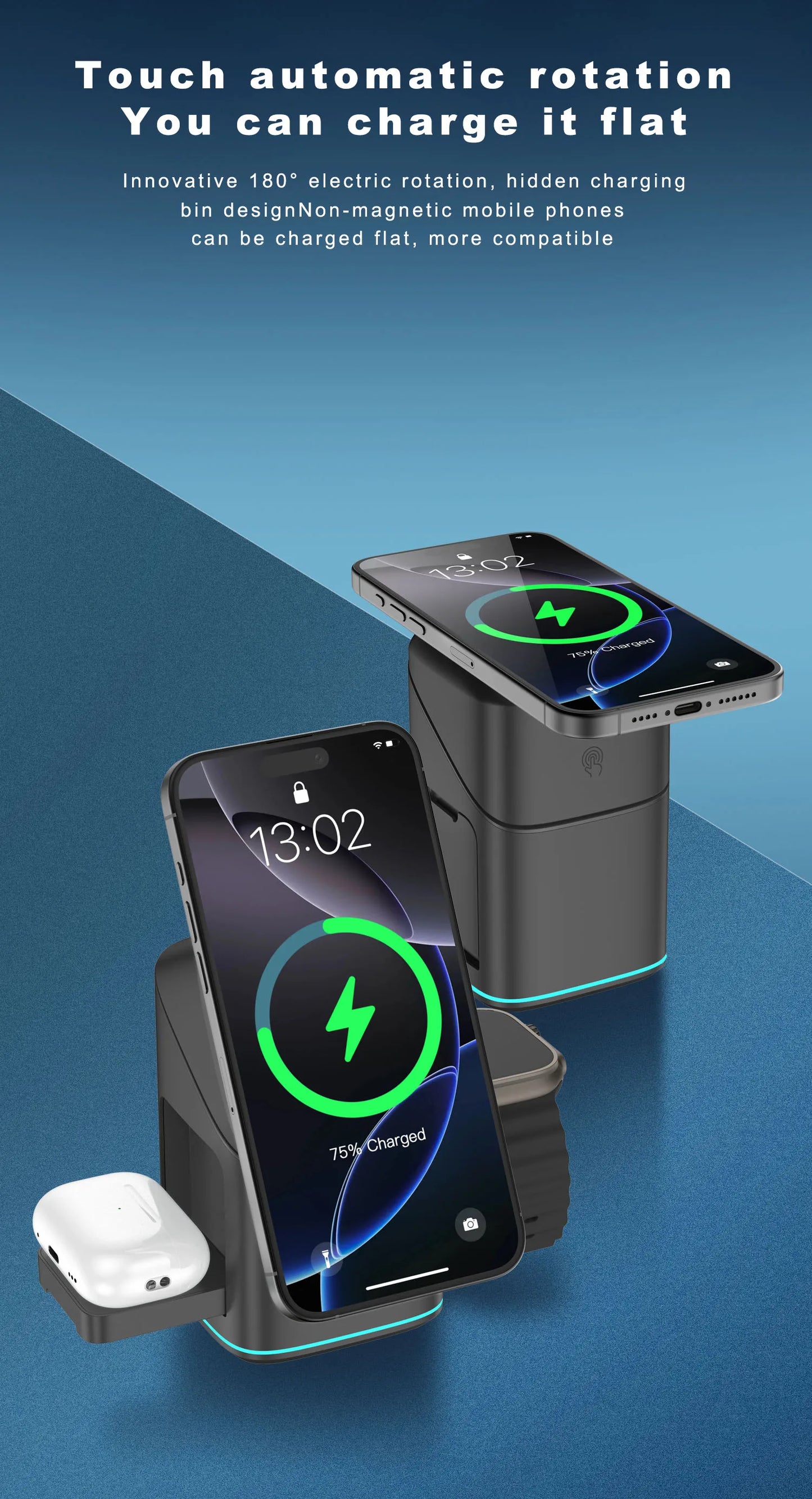 3 in 1 Charging Station Rotating Wireless Charger Stand