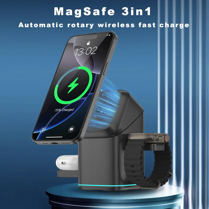 3 in 1 Charging Station Rotating Wireless Charger Stand